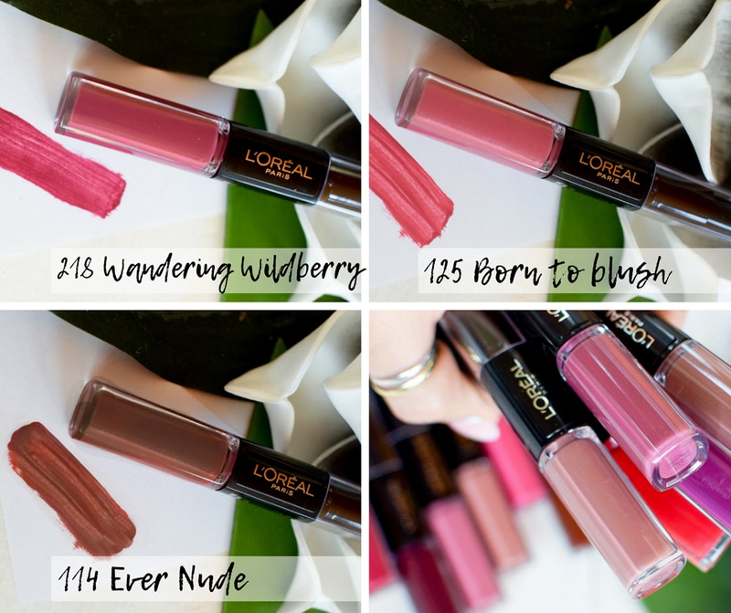Swatch, L'Oréal Infaillible X3 24h Lip Color 218 Wandering Wildberry, 125 Born to blush, 114 Ever Nude
