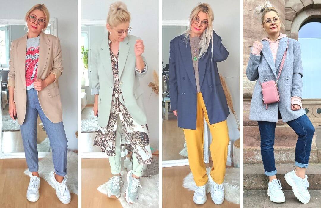 Eine blonde, langhaarige Frau trägt in einer Collage vier verschiedene Outfits mit unterschiedlichen Oversize Blazern