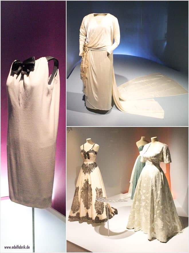 Eine Collage aus einigen beigen Kleidern im Cristóbal Balenciaga Museum.