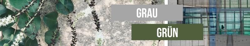 Ein Bildcollage aus zwei Bildern die in der Mitte durch den Text Grau und Grün verbunden werden. Bild 1: Nahaufnahme einer Pflanze mit grünen Blättern die an einer grauen Steinwand rankt. Bild 2: Nahaufnahme einer modernen Hochhausfassade aus Glas mit Grauen und Grünen Bildanteilen.