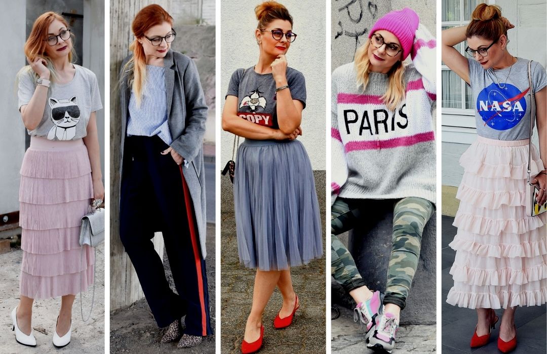 Eine Frau trägt fünf verschiedene Outfits die alle ein Teil in Grau enthalten