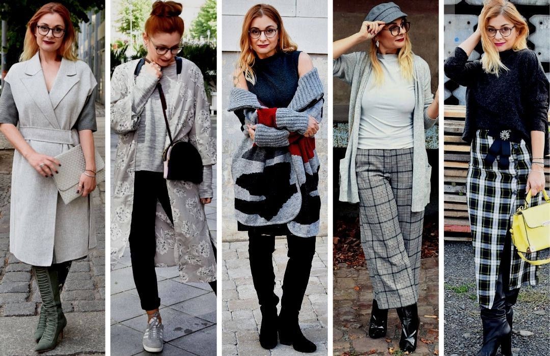 Eine Frau trägt fünf verschiedenen Outfits die alle ein Teil in Grau enthalten.