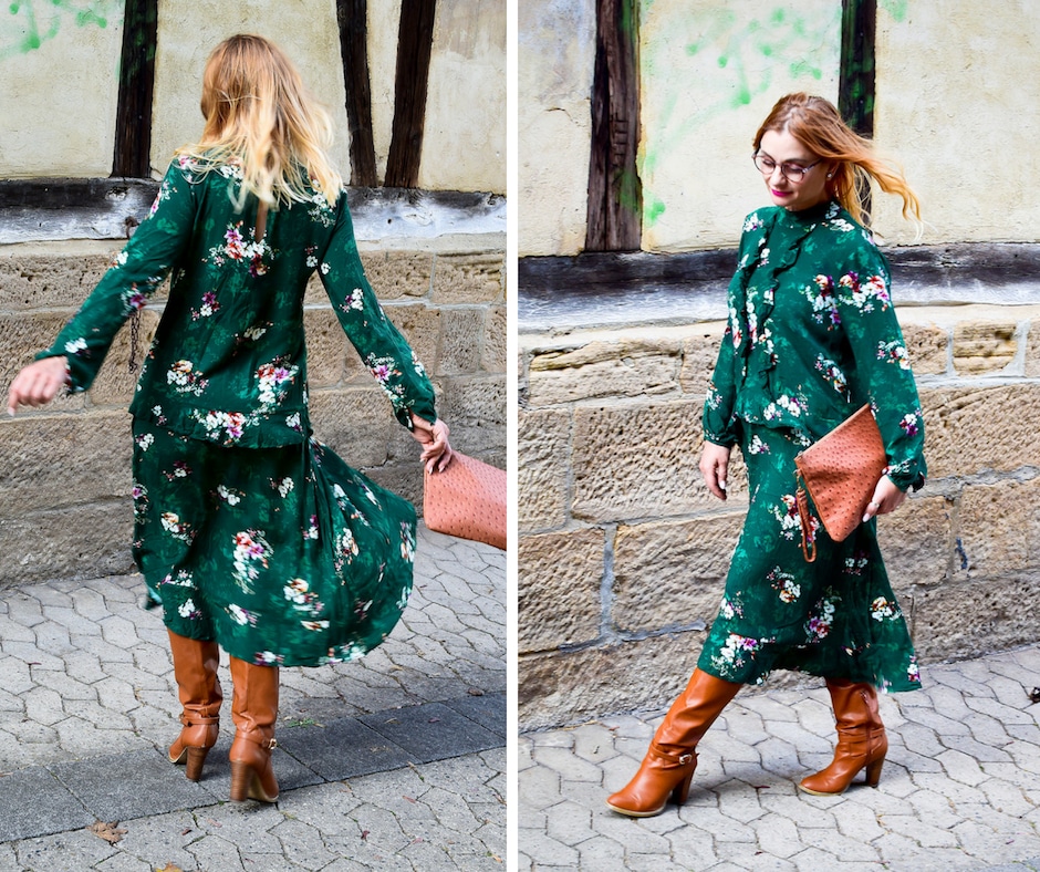 Grün Trendfarbe Herbst 2018, Grünes Kleid mit Stiefeln