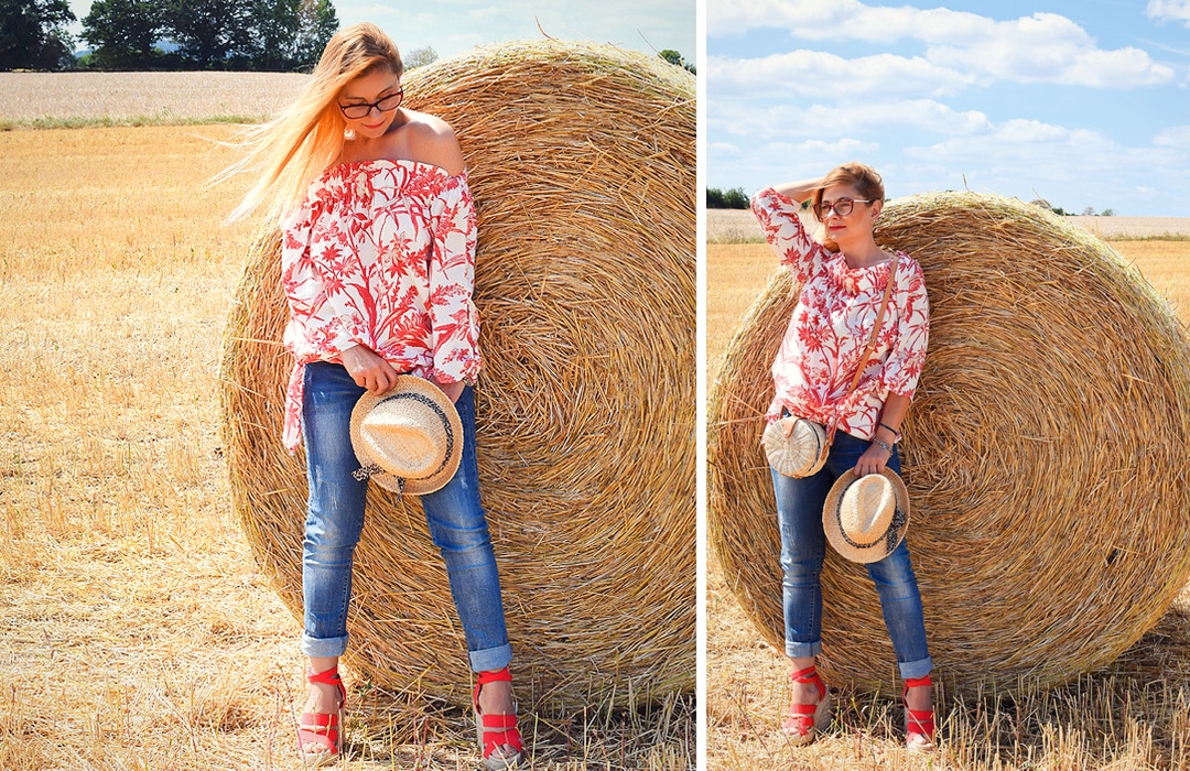 Summer Look, Style with denim and offshoulder Blouse, Print, Blouse