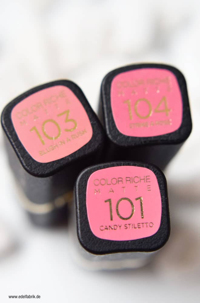 101 Candy Stiletto, 103 Blush in a Rush, 104 Strike a Rose