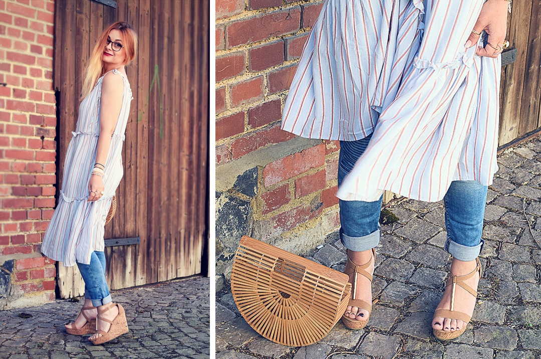 Bloggerlook mit Kleid über Hose, Sandalen mit Korkabsatz