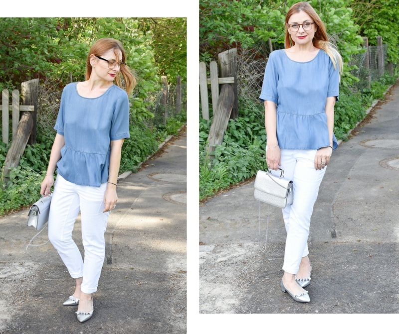 weiße 7/8 Jeans, hellblaue Jeans Bluse mit Volants aus der Tchibo Mode Kollektion Luftig und leger