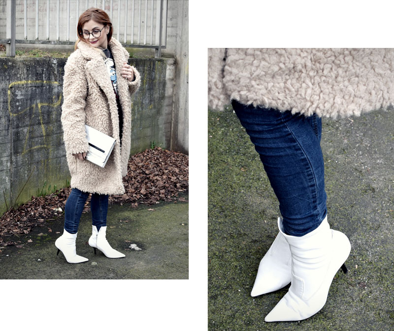 Look mit weißen Stiefen und Teddyfellmantel, Modeblog für Frauen über 40