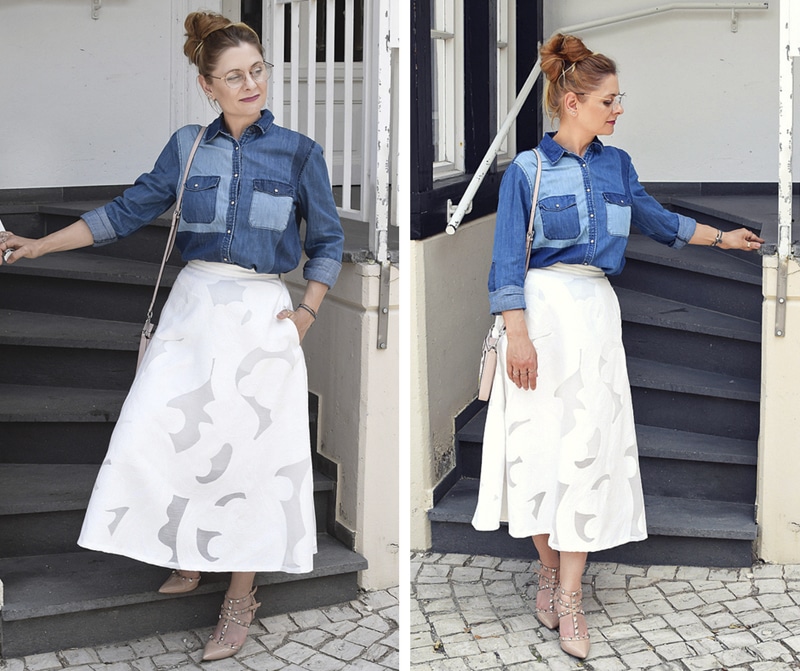 Outfit für den Sommer, eleganter Midirock in Weiß, Modeblog für Frauen über 40
