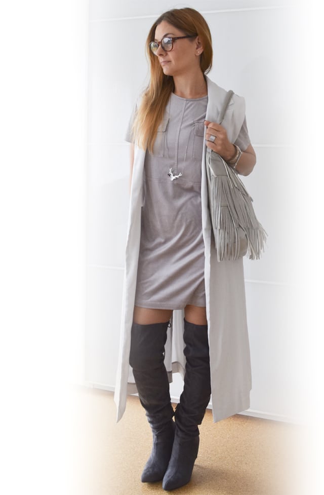 Wie kombiniere ich: Minikleid mit Overknees und langer Weste – Outfit
