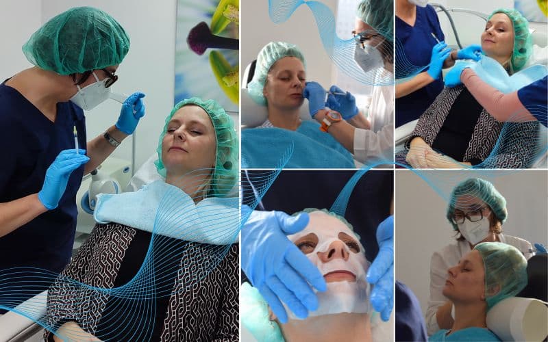 Eine Collage aus fünf Bildern zeigt, wie eine Ärztin eine Patientin mit Hyaluron-Spritzen behandelt.