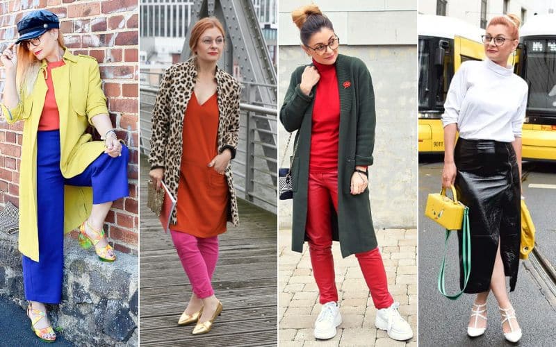Ein Frau präsentiert vier unterschiedliche Looks im Colorblocking Stil bei denen kräftige Farben wie Gelb, Blau, Rot, Orange, Grün und Schwarz-Weiß eine wichtige Rolle spielen.