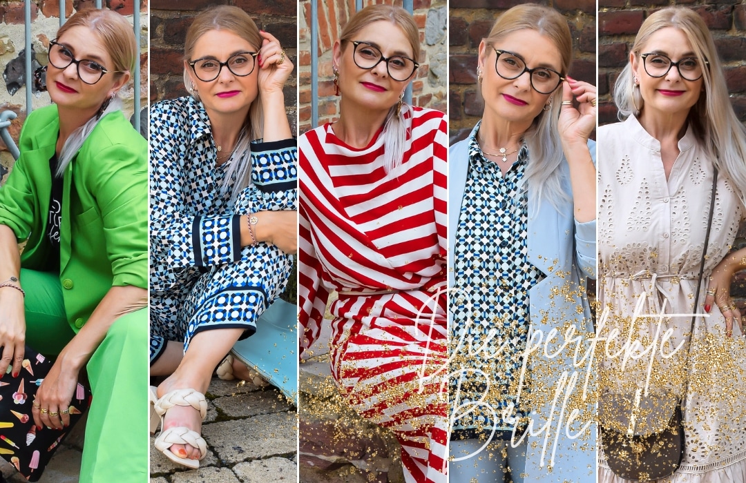 Eine Collage aus fünf Bilder, Eine Frau trägt fünf unterschiedliche Outfits aber immer die gleiche Gleitsichtbrille von Kind Augenoptik.