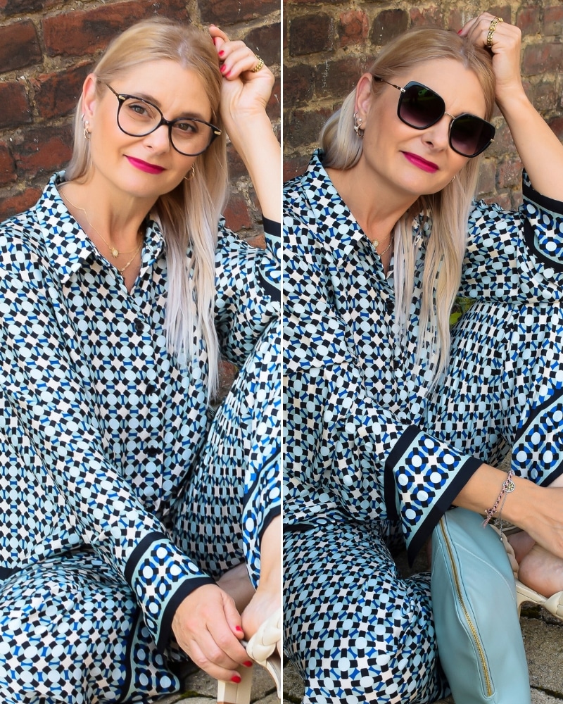 Eine Collage aus zwei Bildern. Eine Frau trägt auf beiden Bildern den gleichen gemusterten Pyjama-Anzug und kombiniert dazu einmal eine Gleitsichtbrille und einmal eine Sonnenbrille von Kind Augenoptik.