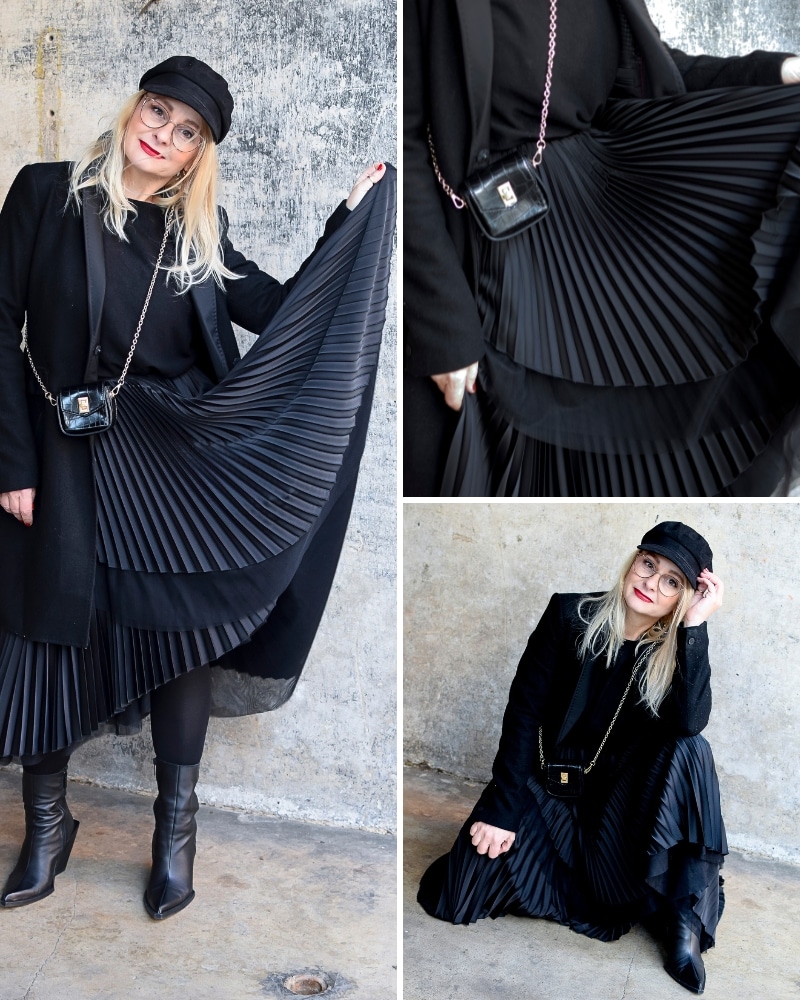 Bildcollage aus drei Bildern die unterschiedliche Varianten mit einer blonden Frau zeigen die ein Outfit komplett in Schwarz trägt.