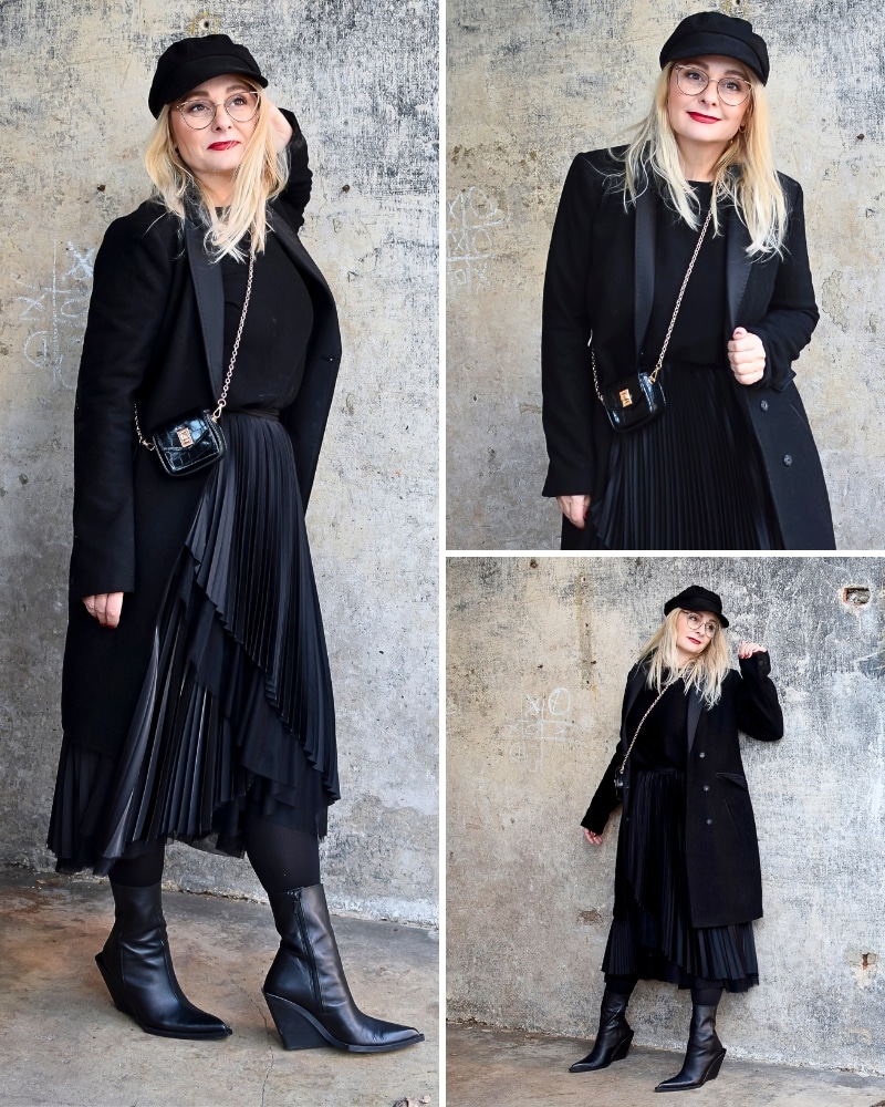 Eine blonde Frau trägt einen Look komplett in Schwarz. Das Bild ist eine Collage aus drei Bildern.