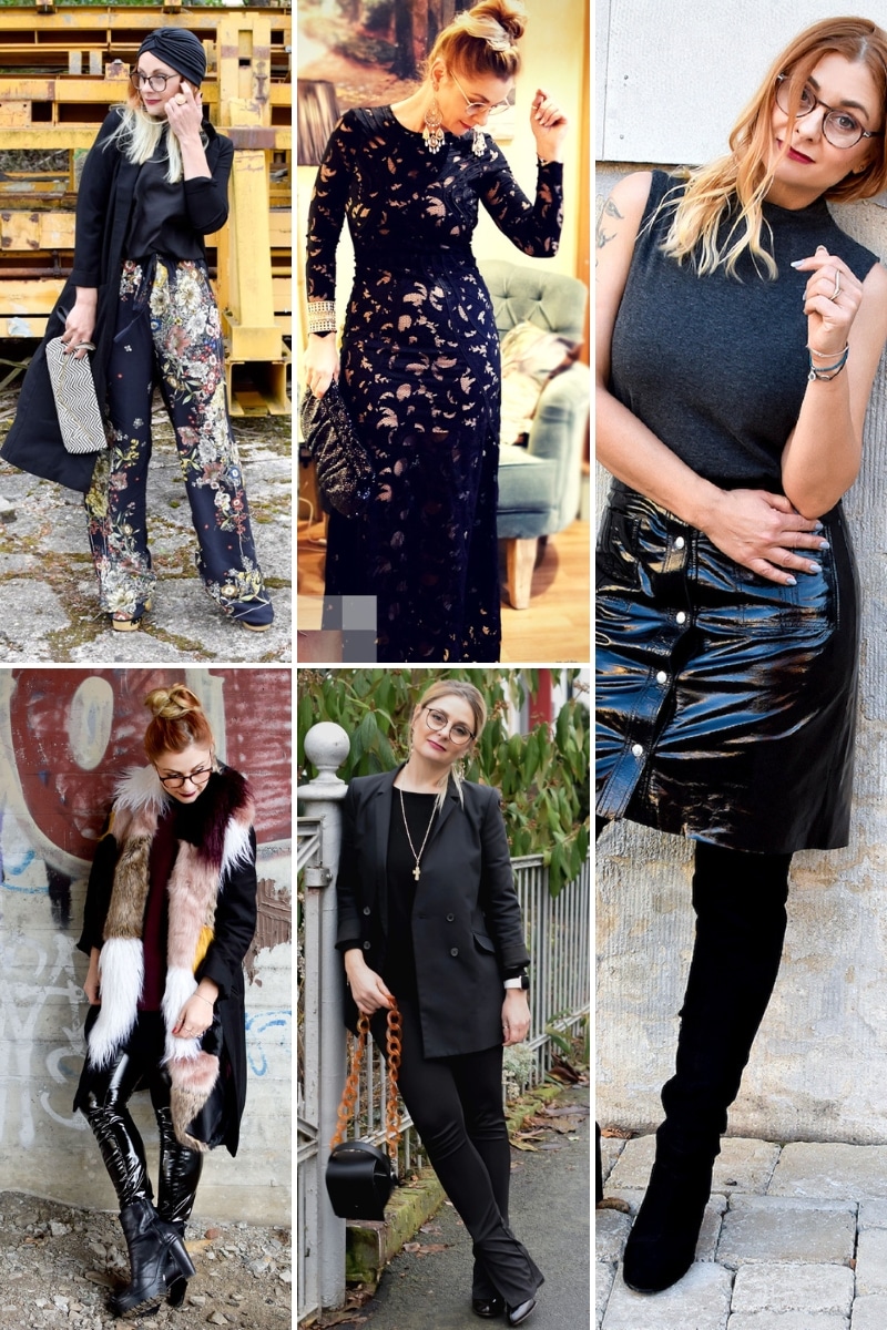 Collage aus fünf Bildern auf denen eine Frau unterschiedliche Outfits mit Schwarz trägt.