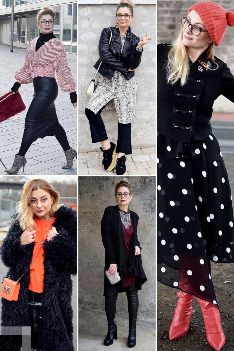 Collage aus fünf Bildern auf denen eine Frau verschiedene Outfits mit Kleidung in Schwarz trägt.