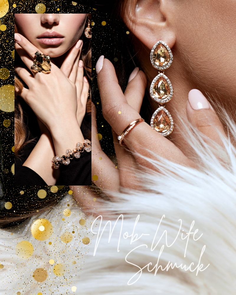 Eine Collage aus zwei Bildern mit Detailaufnahmen von zwei goldenen Ringen mit Schmucksteinen, einem dreiteiligen Ohrring in Tropfenform aus Schmucksteinen und einem Armband aus goldenen und schwarzen Perlen.