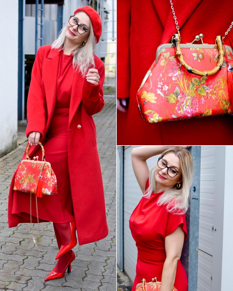 Collage aus drei Bildern bei denen einen blonde Frau komplett in Rot gekleidet ist. Ein Bild ist eine Detailaufnahme einer roten Handtasche mit einem Griff aus Bambus.