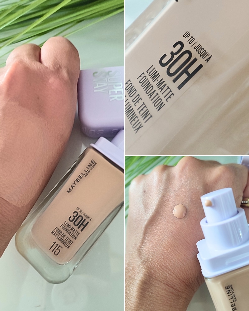 Eine Collage mit Details der Maybelline New York Super Stay Lumi Matte Foundation.