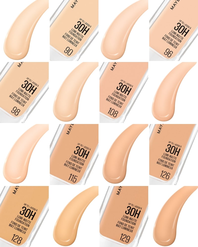 Alle Farben der Maybelline New York Super Stay Lumi Matte Foundation in der Übersicht 1