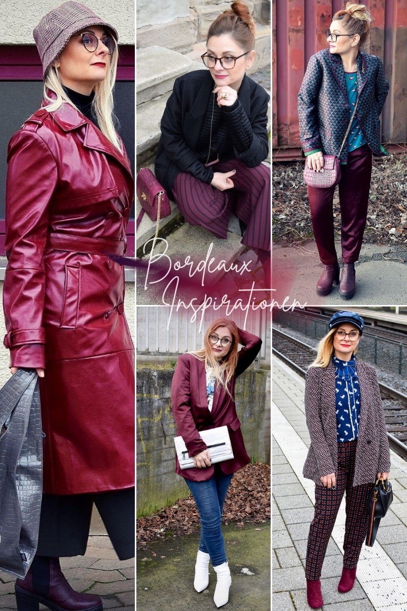 Modische Outfits in Bordeaux. Collage aus 5 verschiedenen Looks mit Kleidung in Bordeaux.