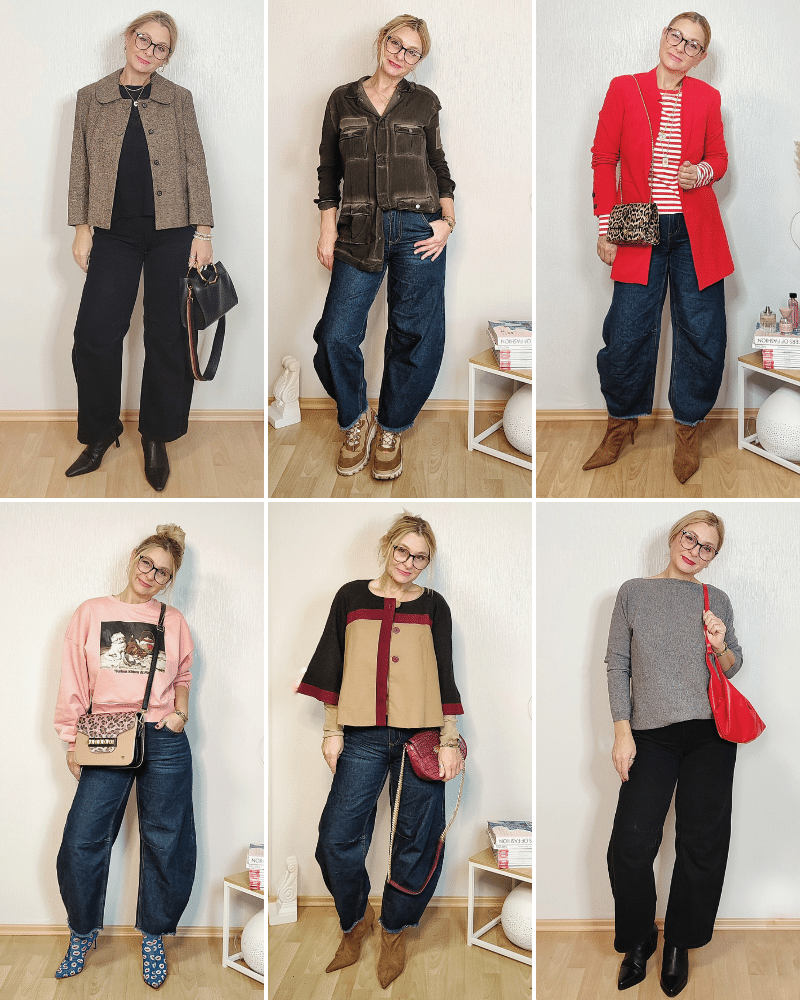 Sechs Outfit-Ideen mit Barrel Jeans für Frauen – vielseitig gestylt mit Blazer, Pullover, Cardigan und Sweatshirt. Kombinationen mit schwarzen und dunkelblauen Barrel Jeans, roten Akzenten, Animal Prints und klassischen Basics.