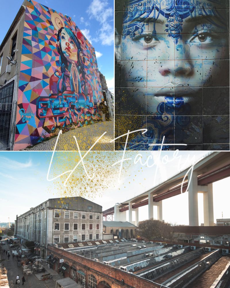 Collage der LX Factory in Lissabon mit Blick auf das Gelände und zwei Wandmalereien.