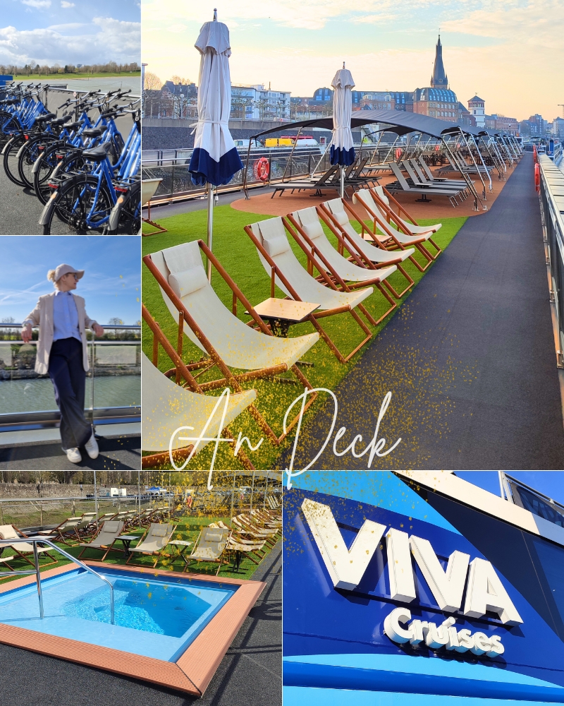 Das Deck der Viva Enjoy mit Liegestühlen, Tischen, kostenlosen Leih-Fahrrädern und einem Pool.