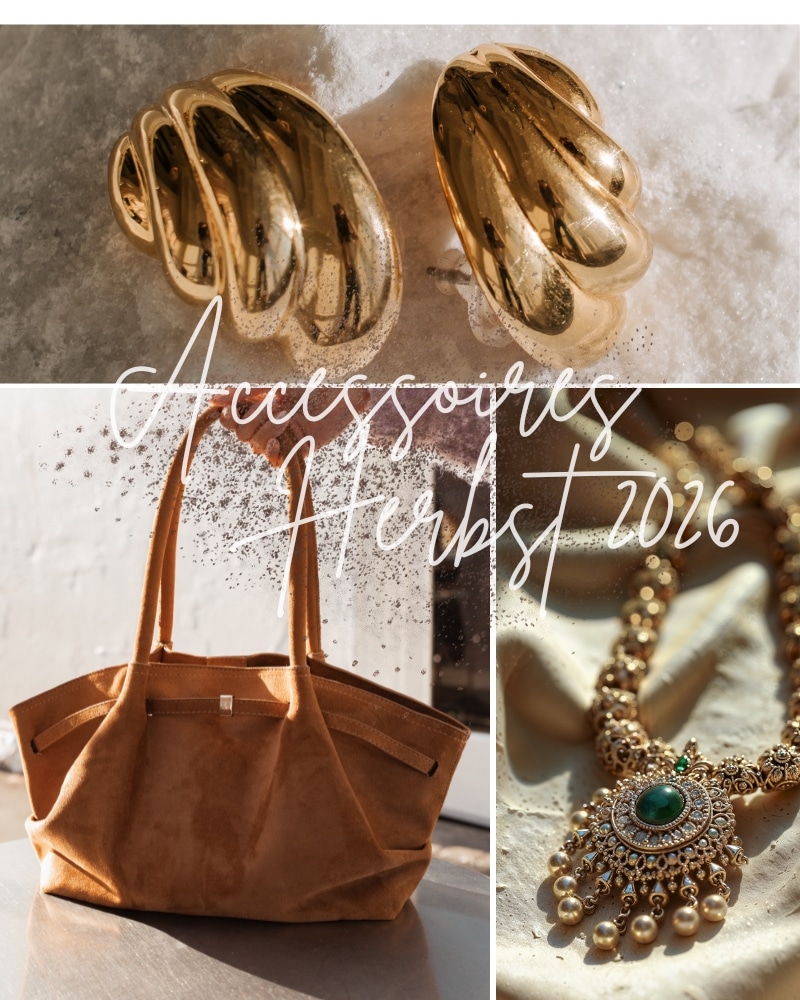 Accessoires Trend für Herbst 2026. Eine Wildledertasche mit Henkel in Cognac, Statemnt-Ohrringe und Kette in Gold.