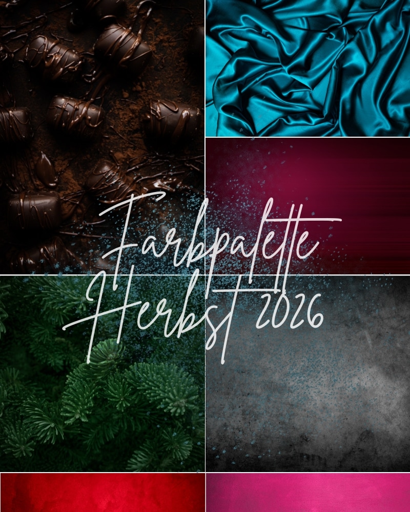 Farbpalette für die Mode Saison Herbst/Winter 2026/2027, Kakaobraun, Petrol, Grau, Bordeaux, Tannengrün, Rot und Pink