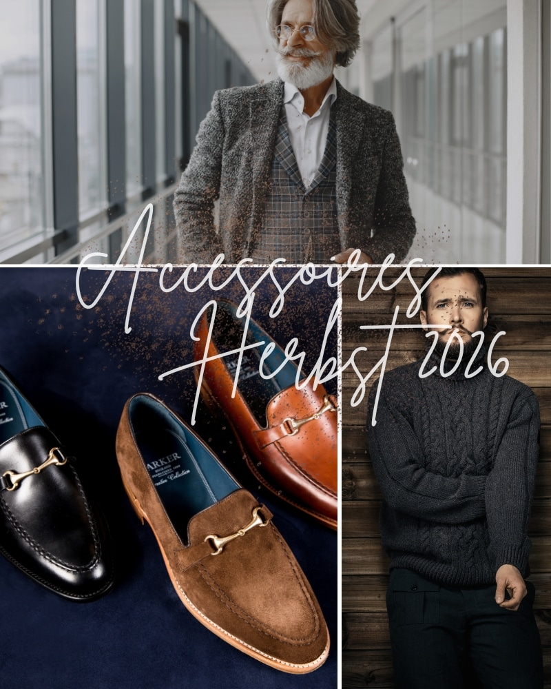 Collage mit Trends der Herbstmode 2026 für Herren. Wollblazer, Strickpullover und Ledermokkasins