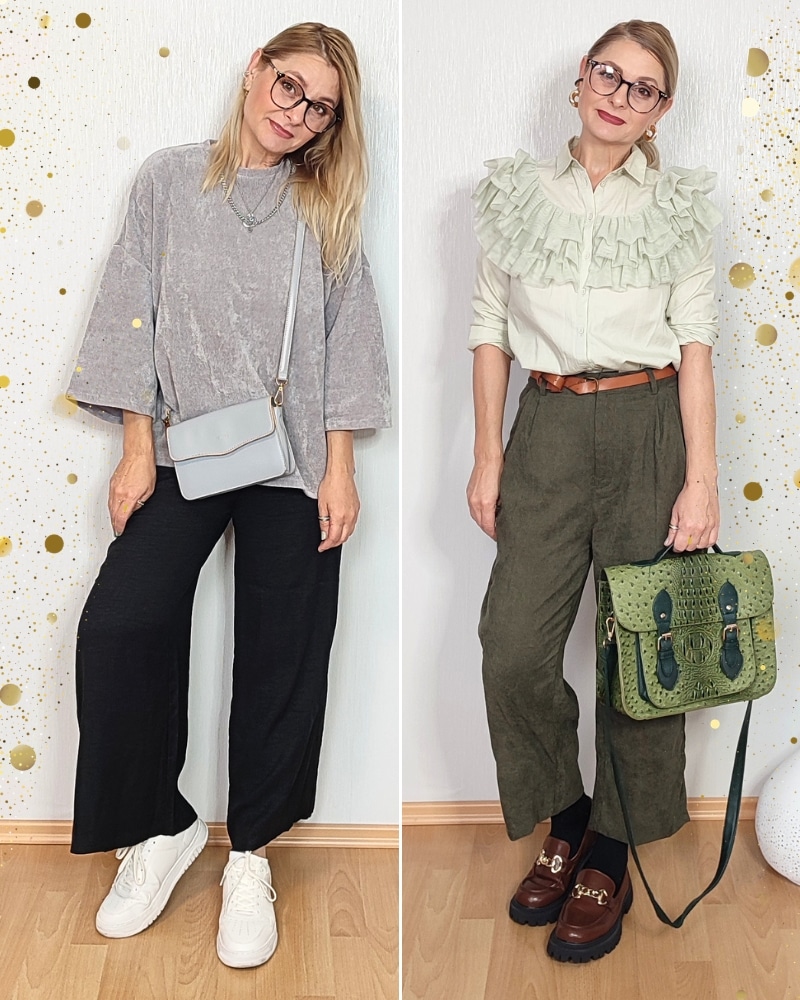 Eine Frau trägt zwei verschiedene Outfits mit Cord. Einmal ein Cordoberteil und einmal eine Cordhose.