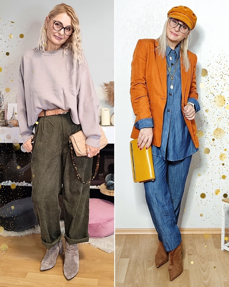 Eine Frau trägt zwei unterschiedliche Outfits beide haben einen Cord Anteil