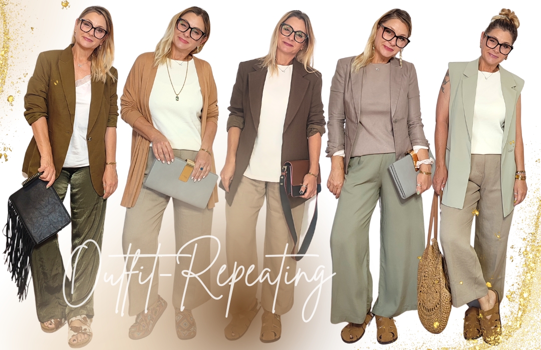 Outfit-Repeating in Beige und Olivgrün. Eine Frau trägt fünf verschiedene aber sehr ähnliche Outfits mit ähnlichen Schnitten und in den gleichen Farben