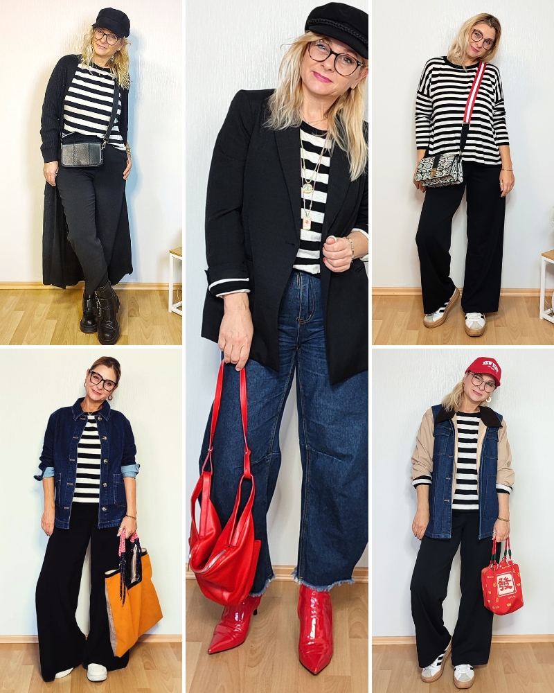 Outfit Repeating mit einem schwarz-weiß gestreiften Shirt. Eine frau trägt fünf verschiedene Outfits mit dem immer gleichen Streifenshirt.