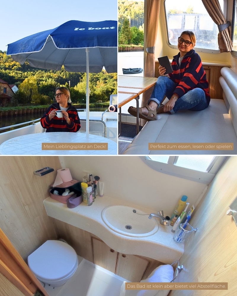 Blick in den Salon, in das Bad auf Deck der Tango 5 von Le Boat.