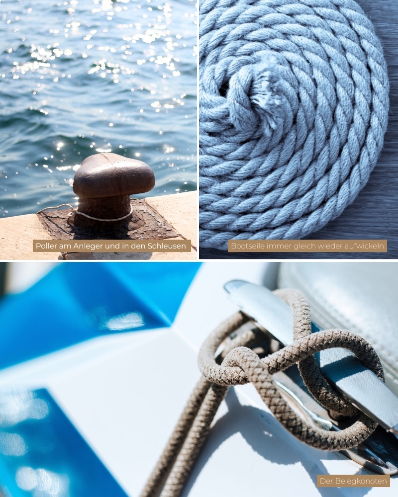 Ablauf beim Schleusen mit dem Hausboot: Poller in der Schleuse; Aufrollen der Leinen nach der Nutzung; Belegknoten am Bootsanleger