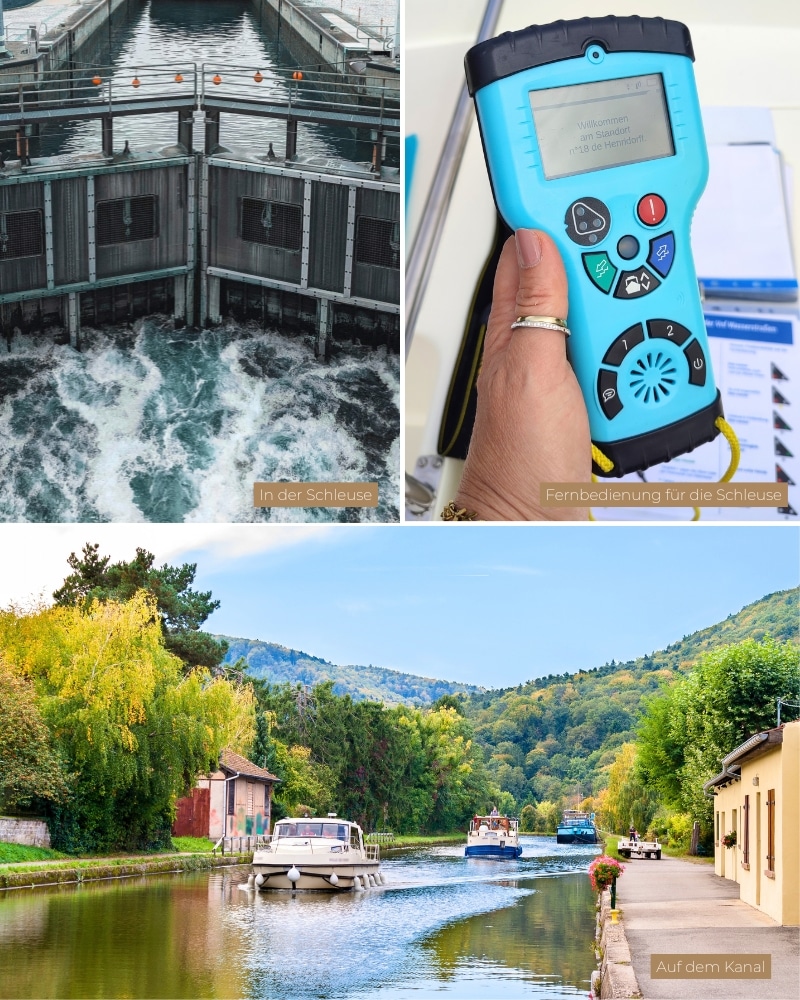 Hausboot auf dem Kanal, automatische Schleusenfernbedienung und Schleuse.