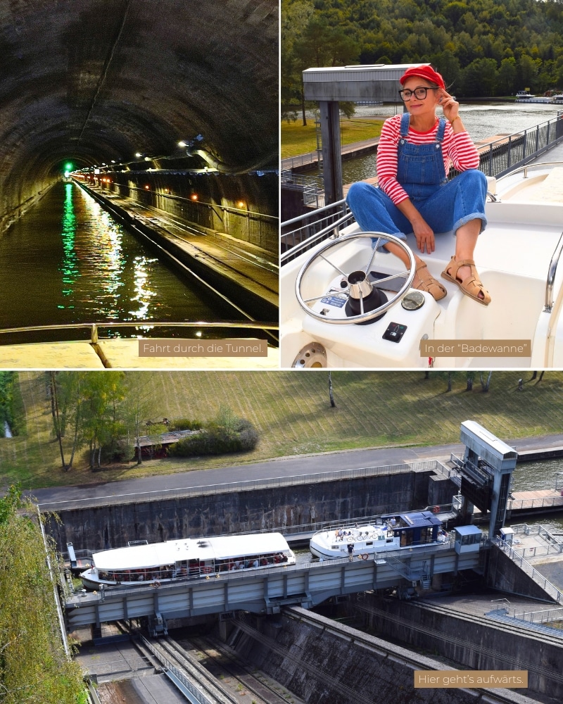 Das Schiffshebewerk Arzviller im Zorn-Tal mit Hausboot im Schrägaufzug und die Durchfahrt durch die Tunnel Souterrain d’Arzviller