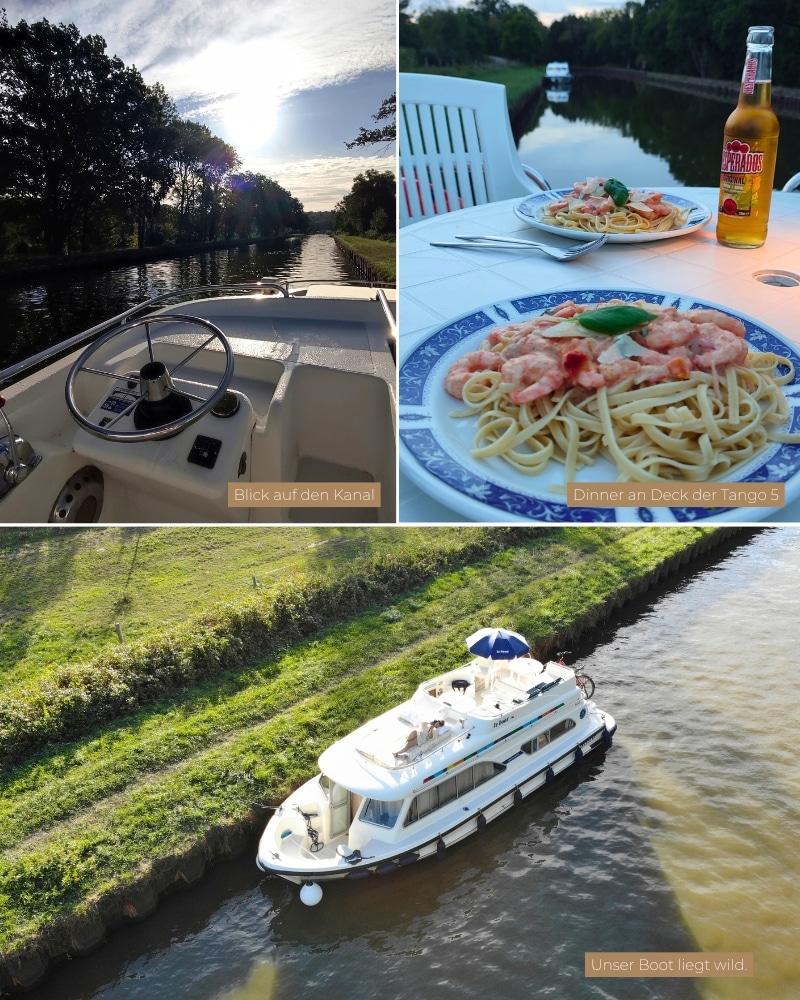 Dinner an Deck des Hausboots mit Blick auf den Kanal.